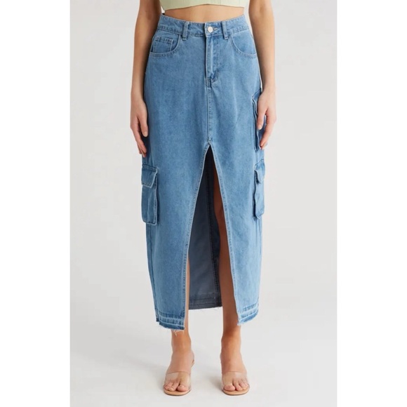 Flying Angel Medium Wash Cargo Denim Maxi Skirt, 27